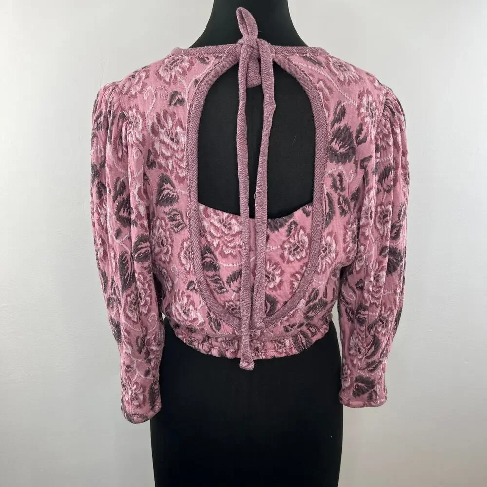 FREE PEOPLE Pink Floral No Ordinary Top Half Puff Sleeves Tie Cut Out Back XS